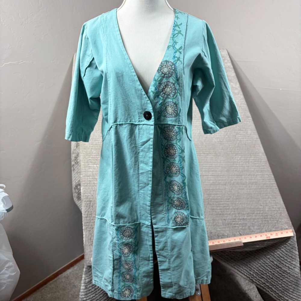 Bluefish Turquoise Aqua Embroidered V-Neck Button Front Dress Size 0 Boho